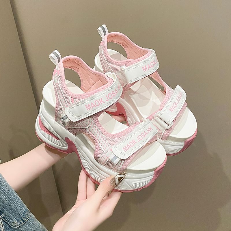 Adhesive Slingback Sandals Lettering Mesh Heel Wedge Strap Print