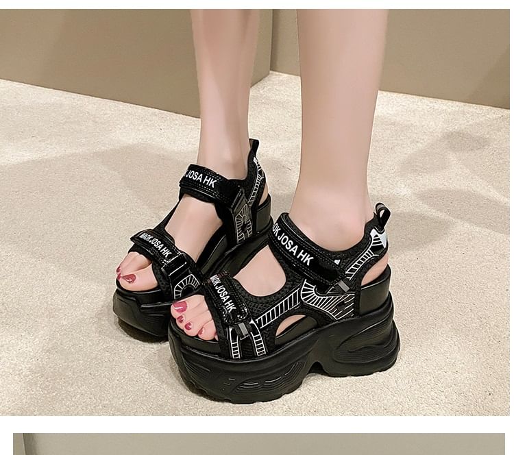 Adhesive Slingback Sandals Lettering Mesh Heel Wedge Strap Print