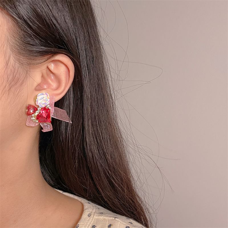 Heart-Shaped Organza Rhinestone With Earrings Bow