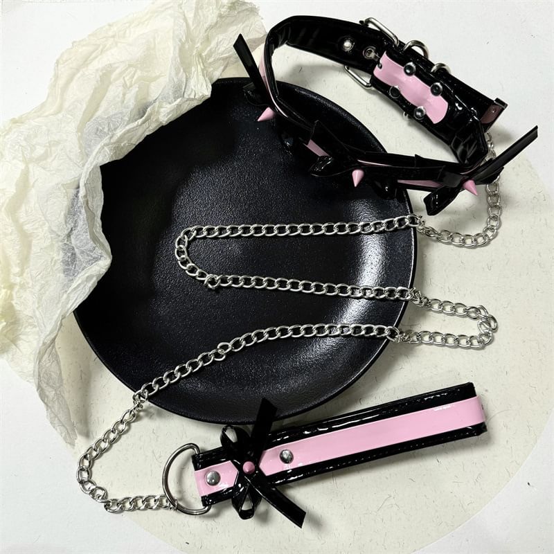 Bow Choker Leash Style Punk Leather With Chain Necklace Faux And