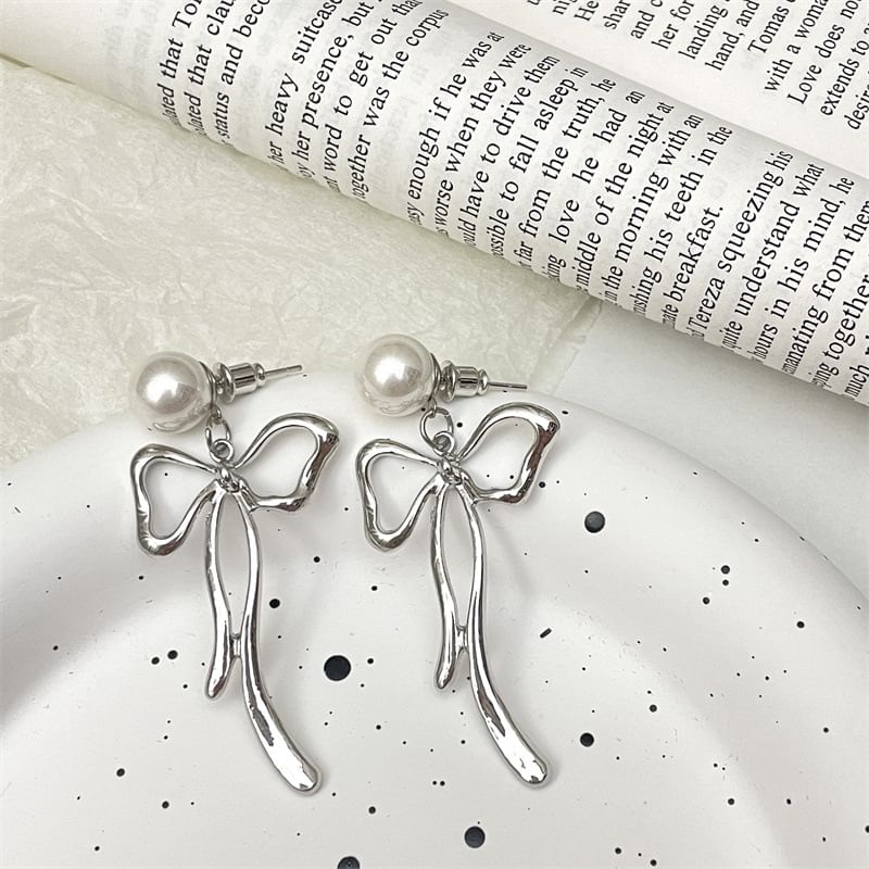 Bow Faux Pearl Alloy Drop Earring