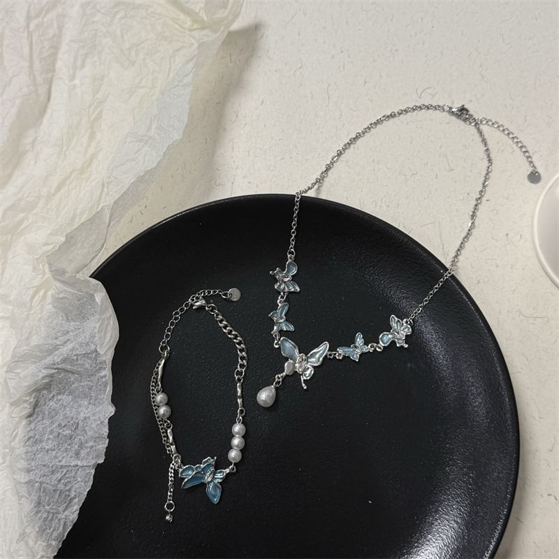 Butterfly Faux Choker Pearl Alloy