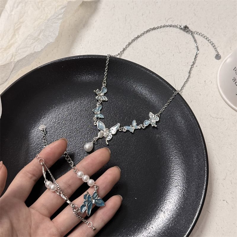 Butterfly Faux Choker Pearl Alloy