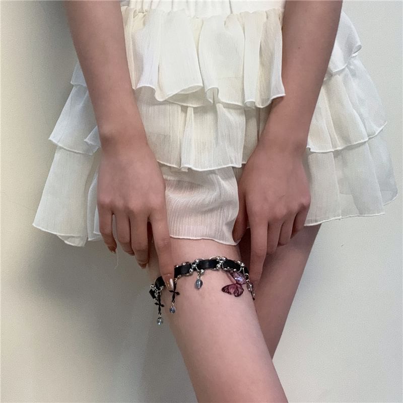 Crystal Butterfly Chain Thigh Faux Leather