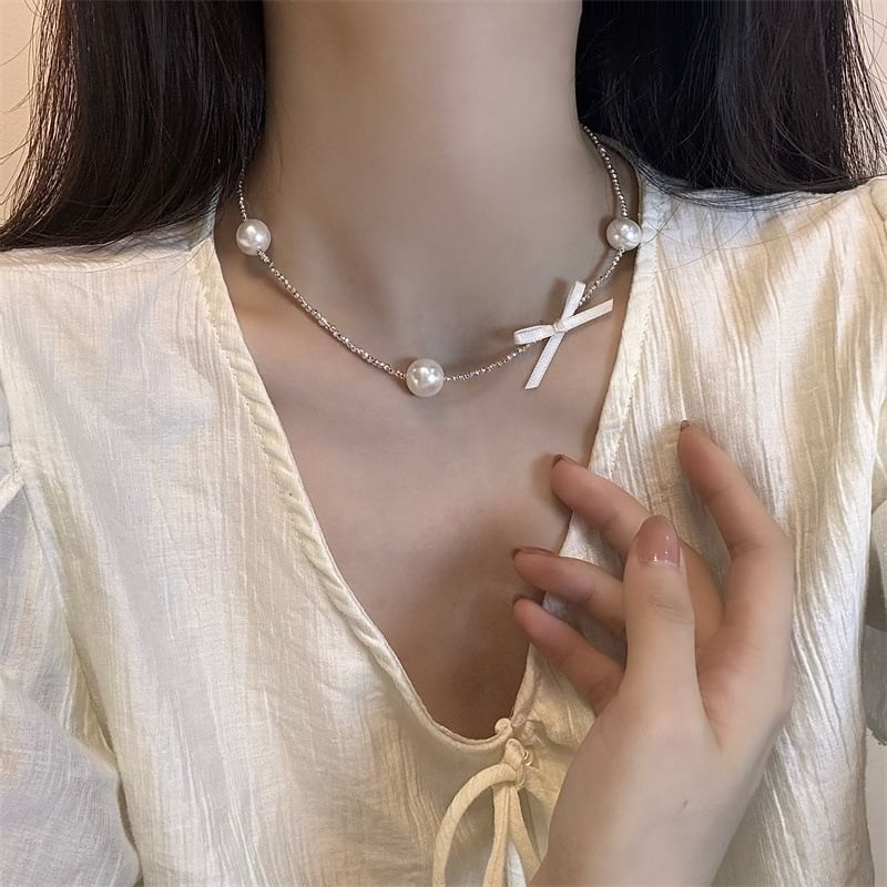 Faux Choker Alloy Pearl Ribbon