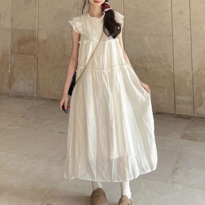 Plain Cap-Sleeve Midi A-Line Dress Sheer