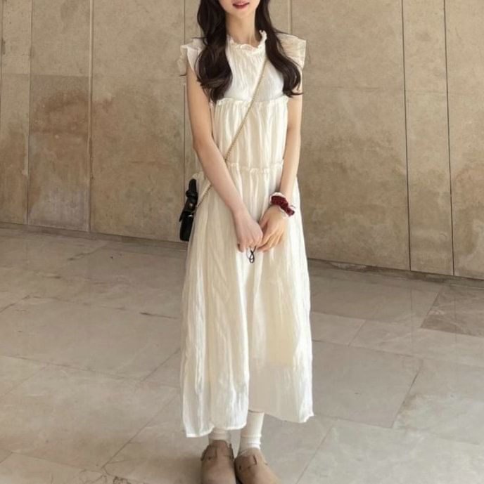 Plain Cap-Sleeve Midi A-Line Dress Sheer