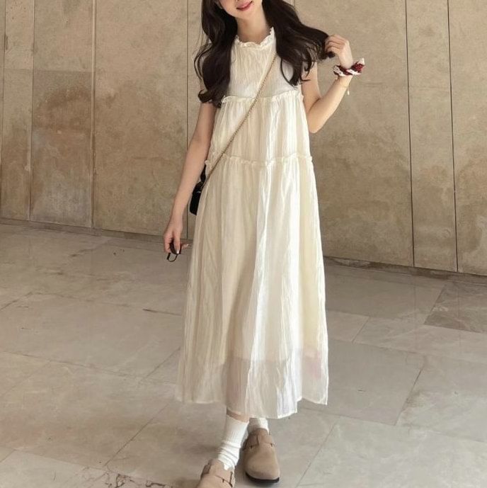 Plain Cap-Sleeve Midi A-Line Dress Sheer