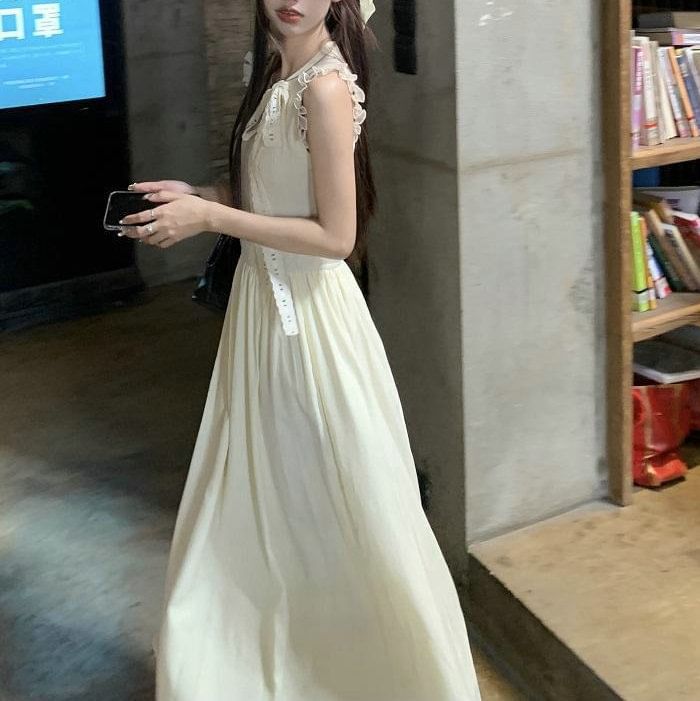 Midi A-Line Sleeveless Crewneck Plain Dress