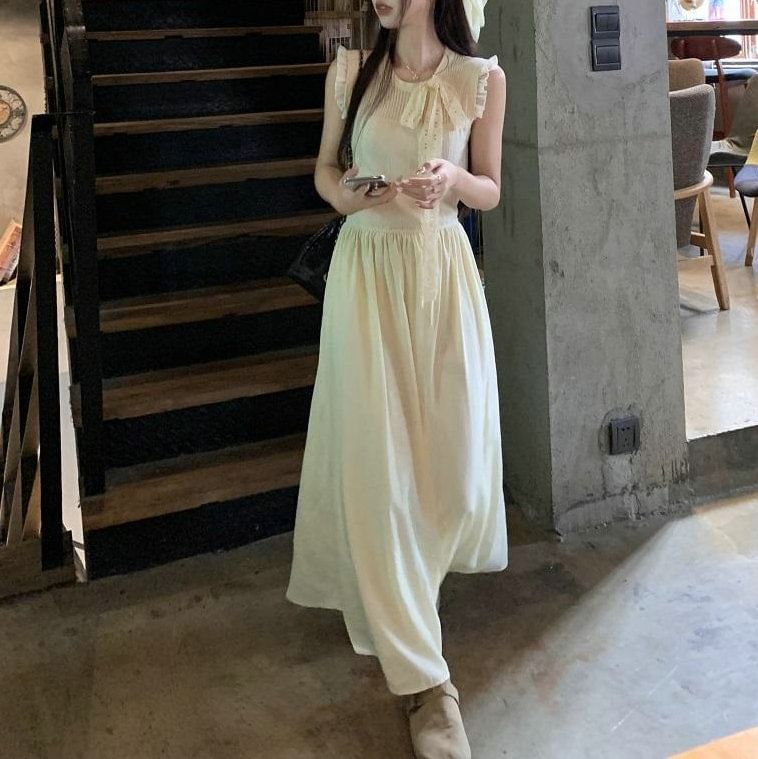 Midi A-Line Sleeveless Crewneck Plain Dress