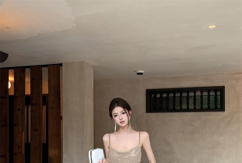 Sequin Maxi Spaghetti Strap Dress A-Line