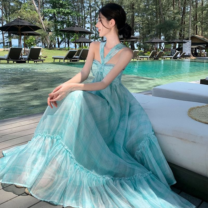 Neck Hem A-Line Dye Dress Tie Maxi Halter Ruffle