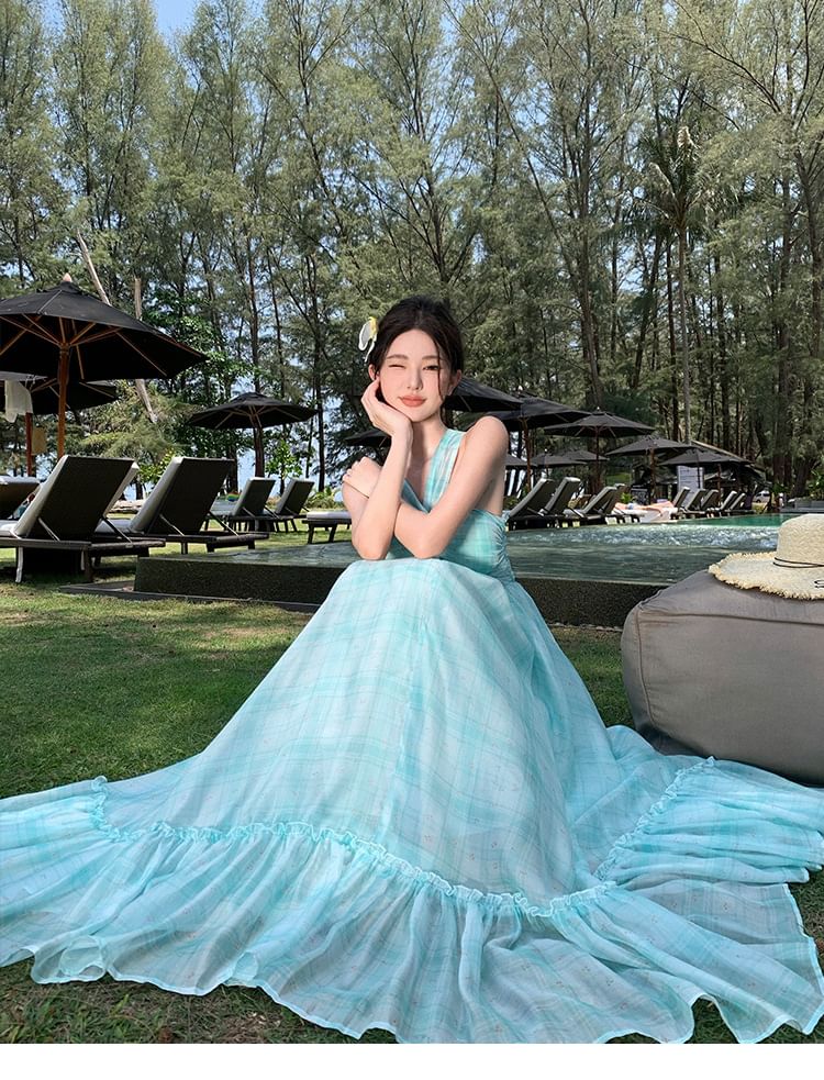 Neck Hem A-Line Dye Dress Tie Maxi Halter Ruffle