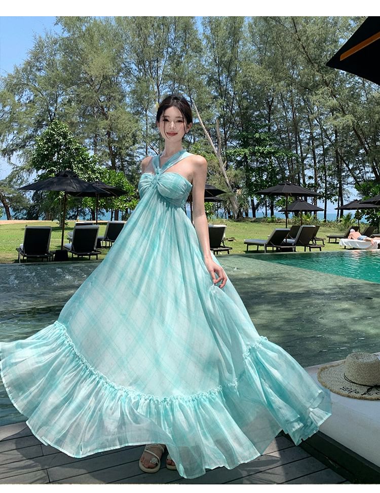 Neck Hem A-Line Dye Dress Tie Maxi Halter Ruffle