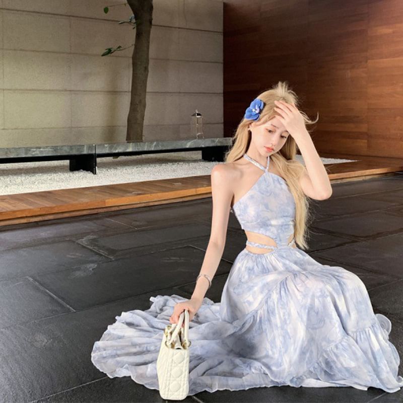 Maxi Neck Dress Cutout Dye Strap Spaghetti Tie Halter A-Line