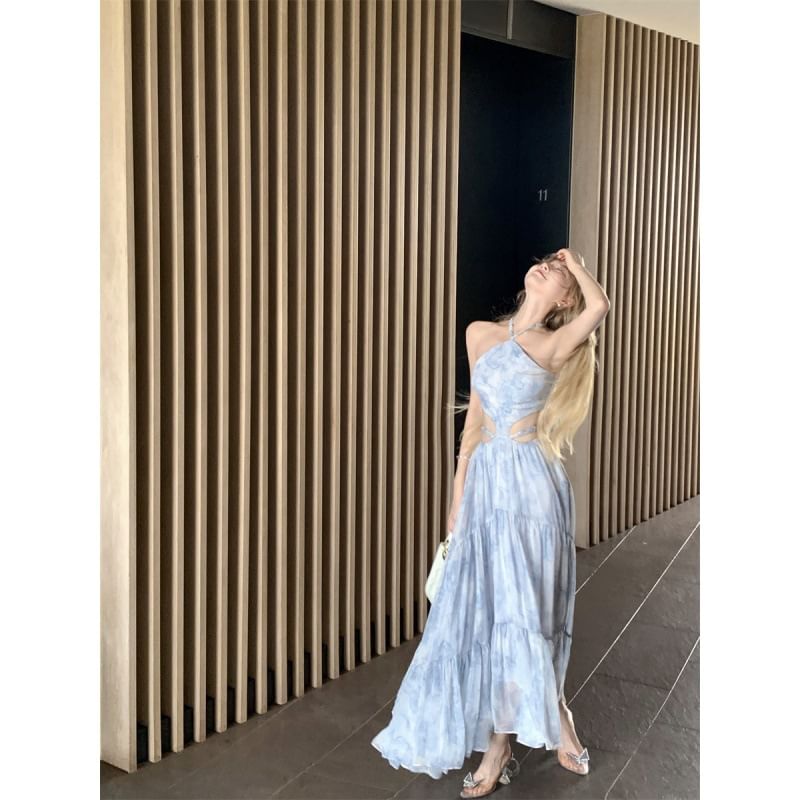 Maxi Neck Dress Cutout Dye Strap Spaghetti Tie Halter A-Line