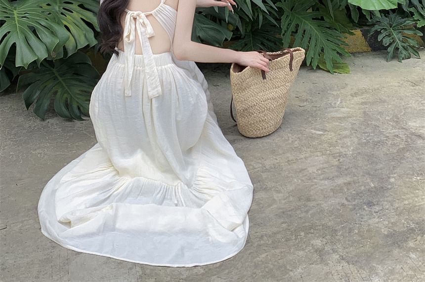 Back A-Line Tie Dress Maxi Strap Spaghetti