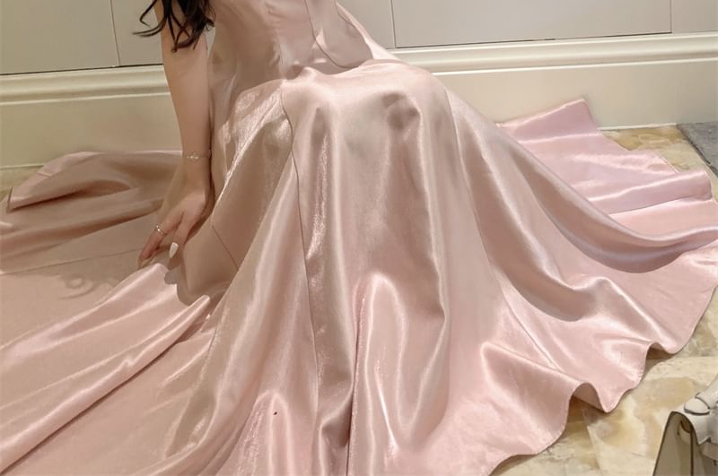 Strap Gown Spaghetti Plain Evening Neck Scoop A-Line