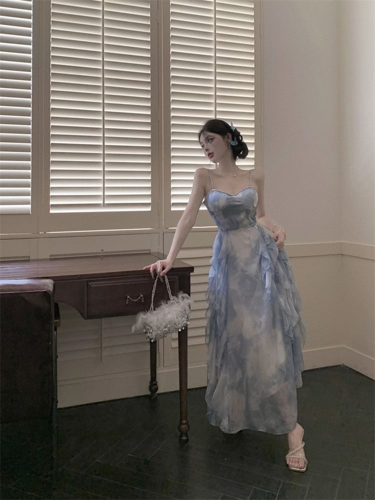 Spaghetti Tie Hem Ruffle Sun Chiffon Dress Dye Strap Maxi