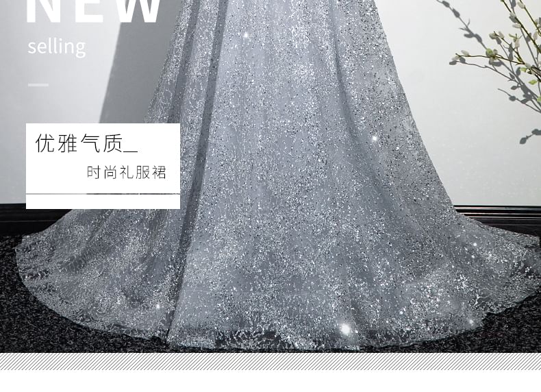 Halter Plain Sequin Mesh A-Line Evening Gown