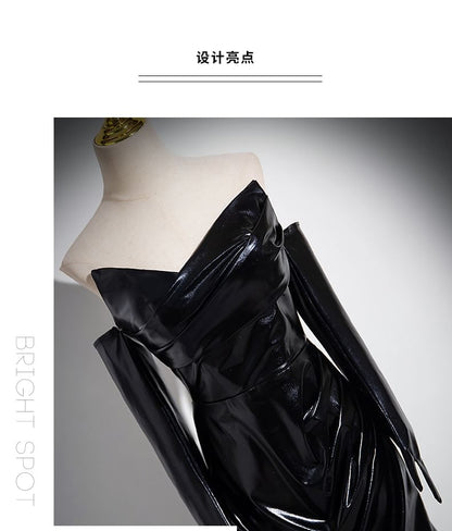 Set: Plain Ruched Faux Leather Mermaid Tube Evening Gown + Gloves