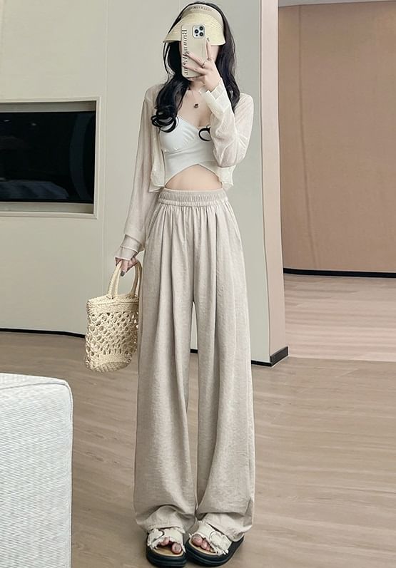 High Waist Wide Leg Plain Elastic Waist Pants