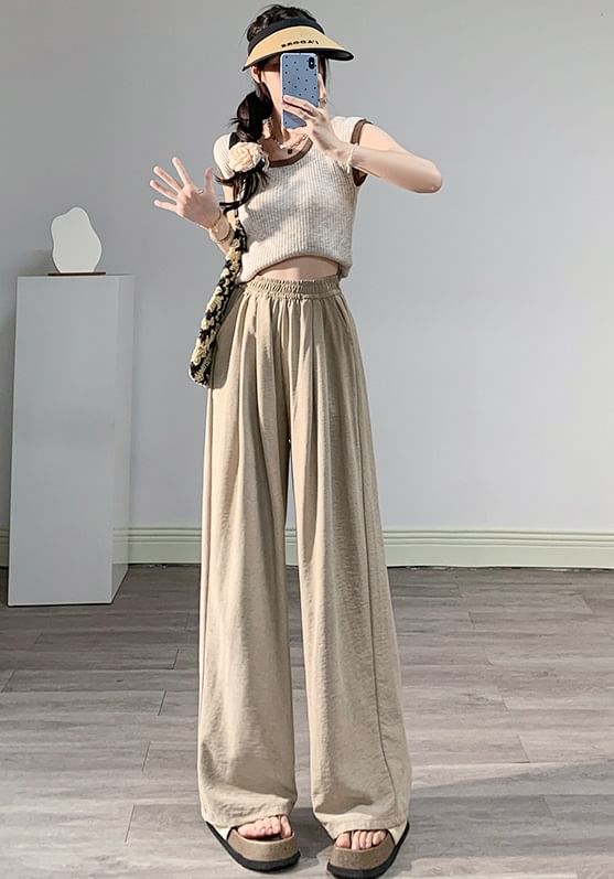 High Waist Wide Leg Plain Elastic Waist Pants