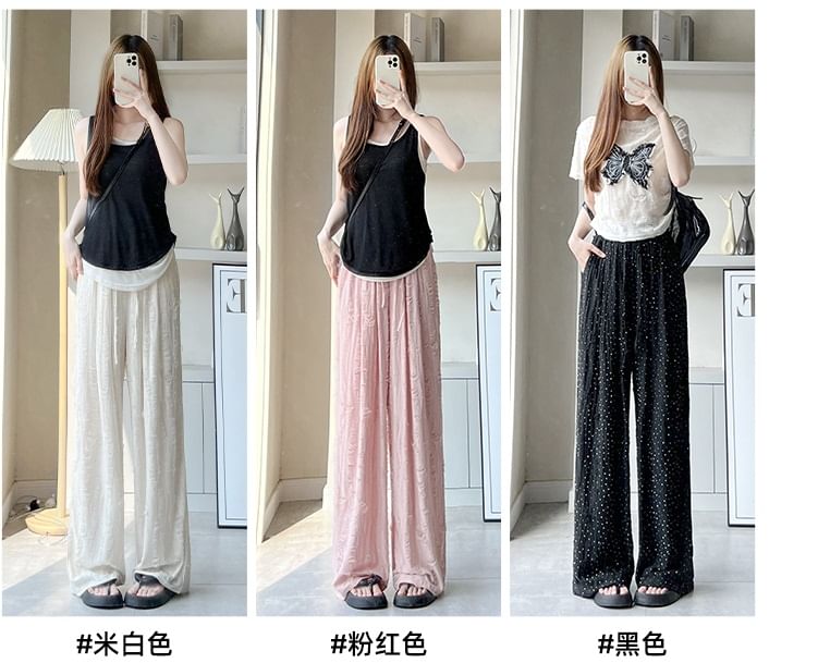 Rhinestone Applique High Waist Torn Wide Leg Drawstring Pants