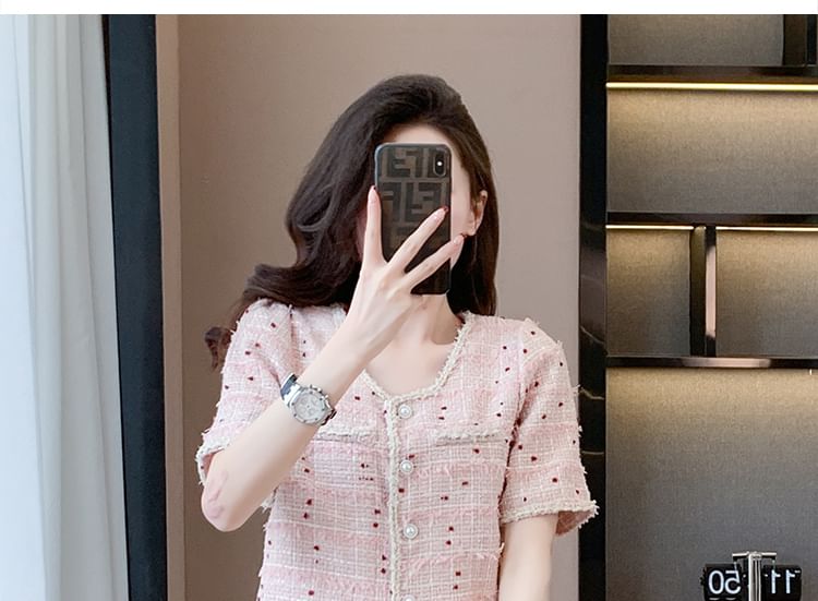 Set: Short-Sleeve Fringed Tweed Button Jacket + High Waist Mini A-Line Skirt