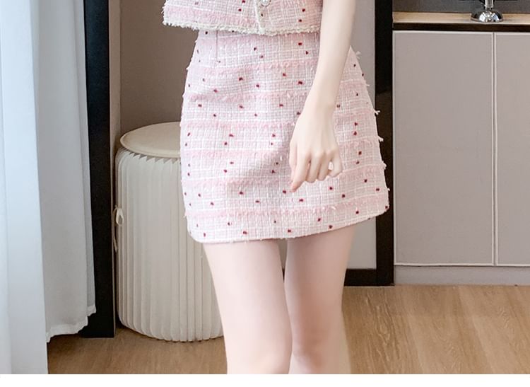 Set: Short-Sleeve Fringed Tweed Button Jacket + High Waist Mini A-Line Skirt