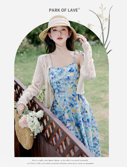 Spaghetti Strap Floral Print Midi A-Line Dress / Plain Cardigan / Set