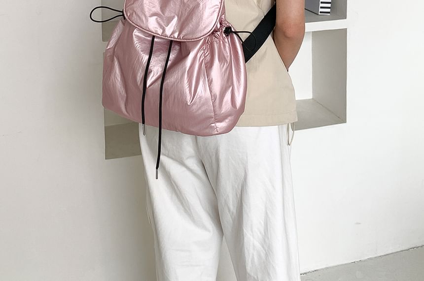 Flap Plain Drawstring Backpack