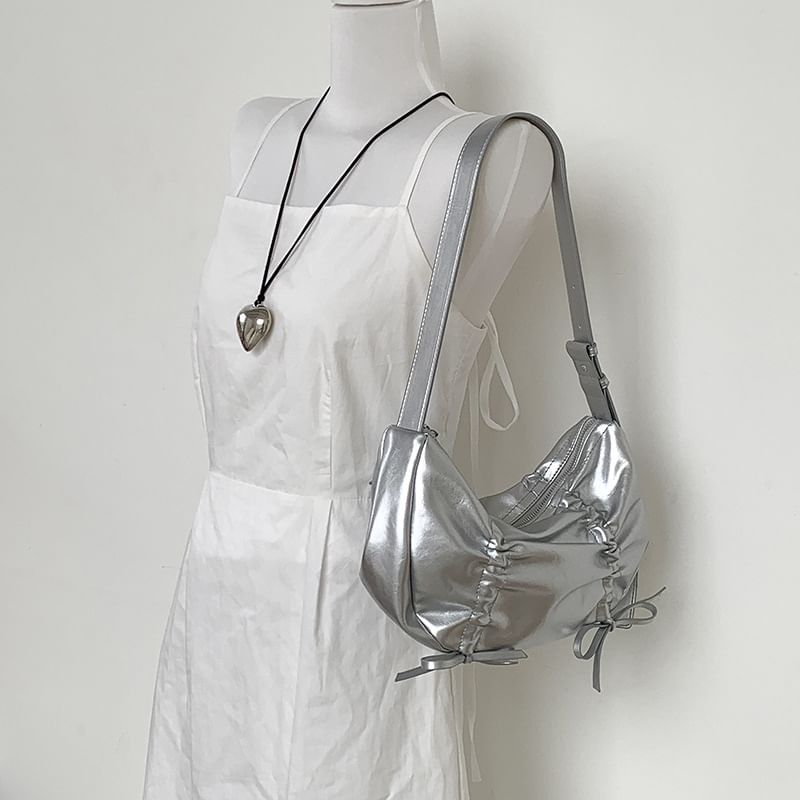 Plain Drawstring Faux Leather Bag Shoulder
