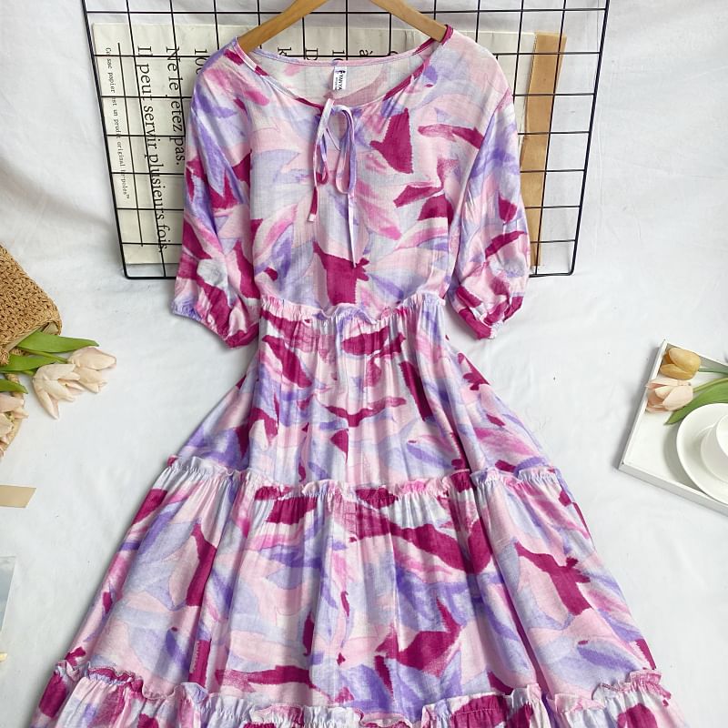 Short-Sleeve Round Neck Patterned Print Tiered Tie Front Midi A-Line Dress