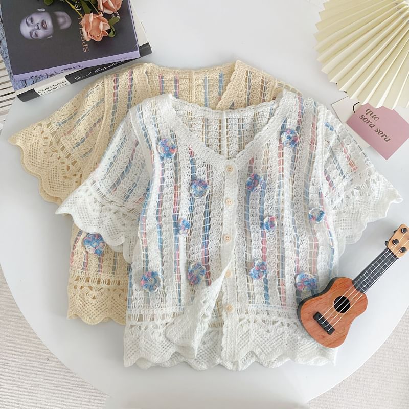 Short-Sleeve V-Neck Flower Detail Crochet Cardigan