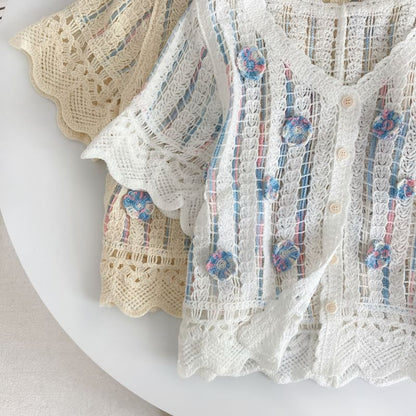 Short-Sleeve V-Neck Flower Detail Crochet Cardigan