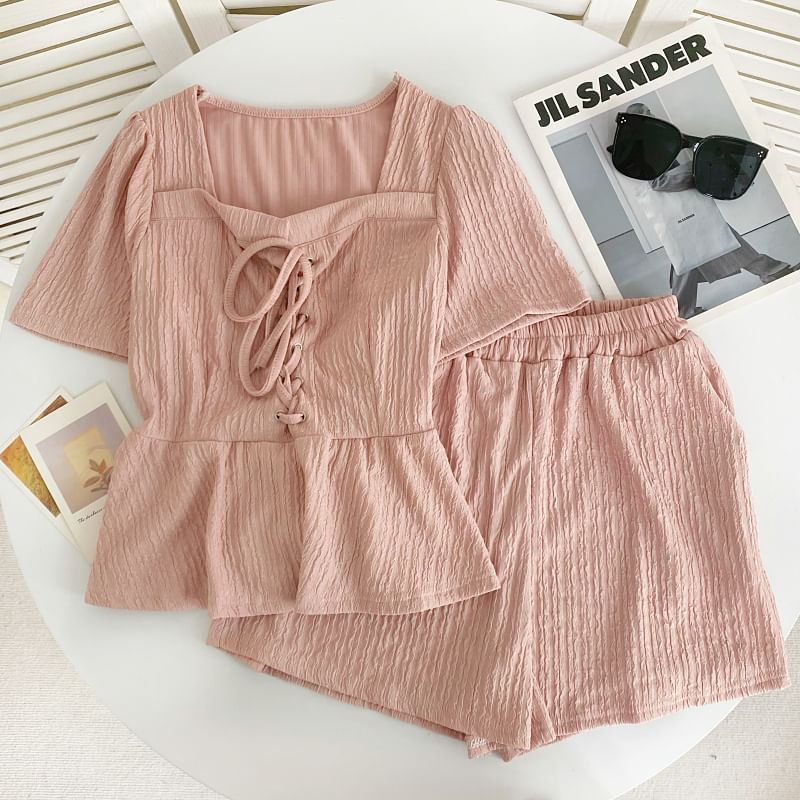 Set: Short-Sleeve Square Neck Plain Lace Up Panel Top + Elastic Waist Shorts