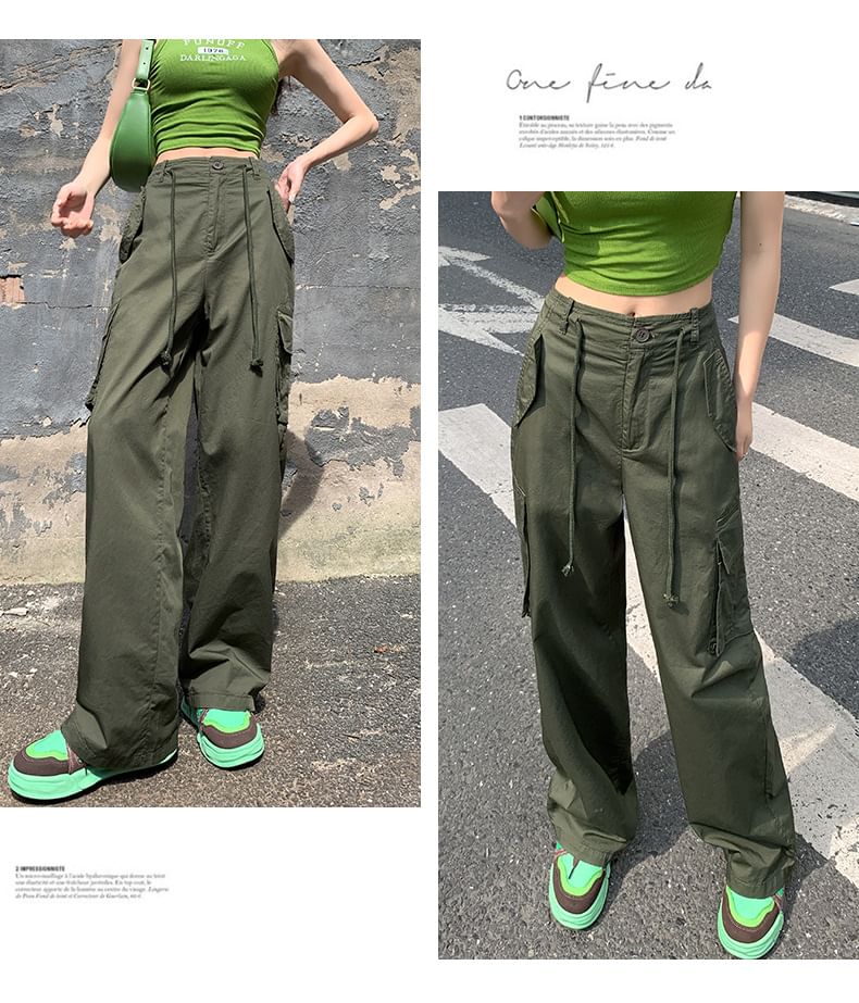 High Rise Plain Wide Leg Cargo Pants