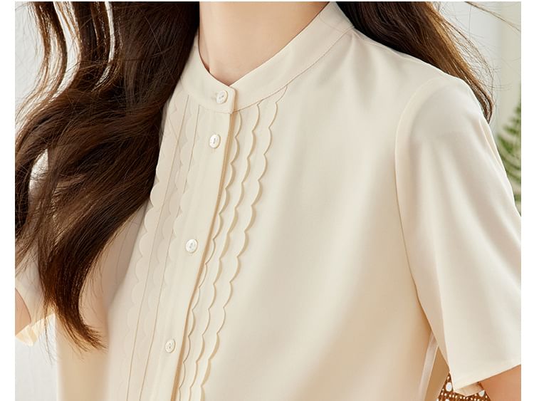 Short Sleeve Stand Collar Ruffle Trimmed Blouse