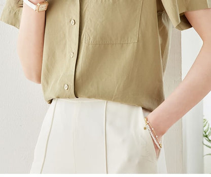 Short Sleeve Lapel Neck Solid Loose Fit Shirt