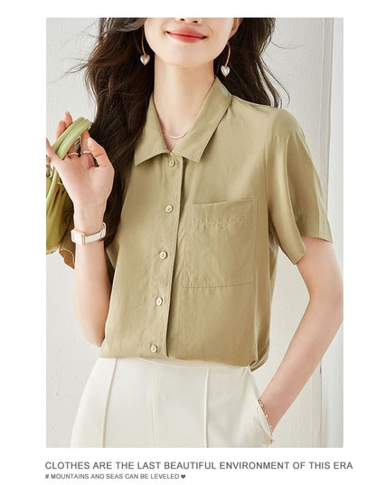 Short Sleeve Lapel Neck Solid Loose Fit Shirt