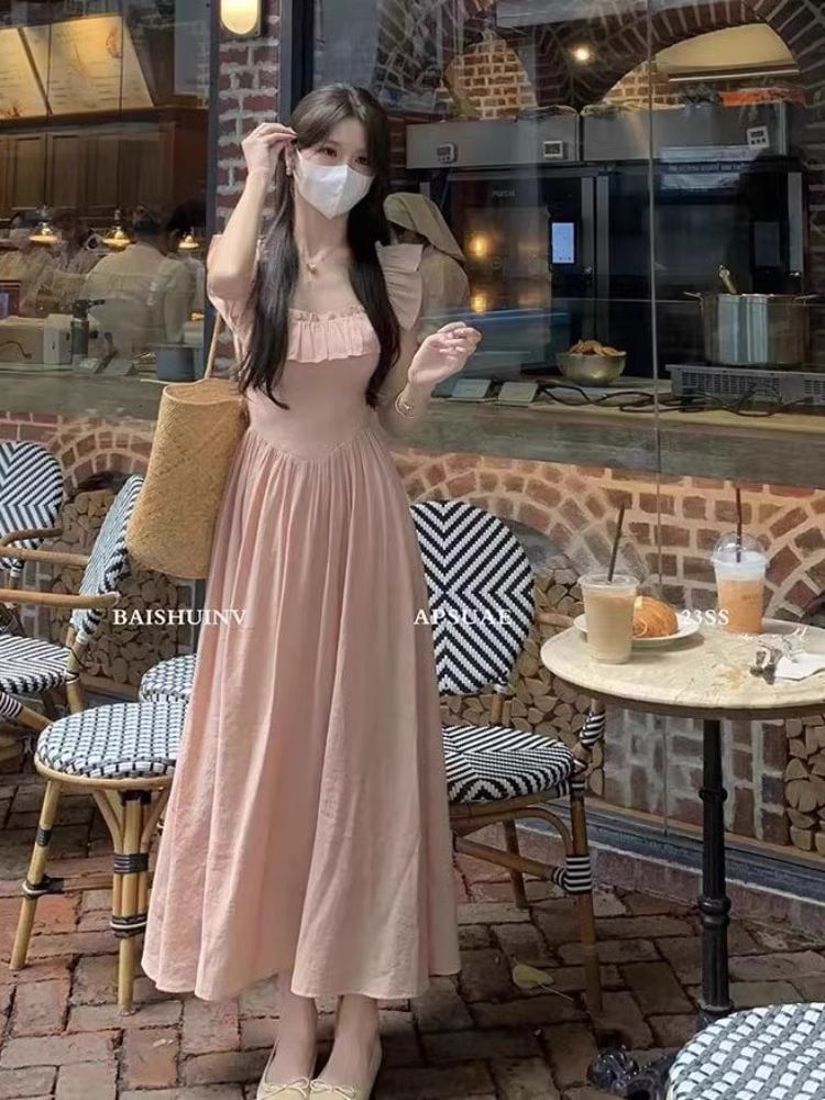 Square Neck Sleeveless Solid Ruffle A-Line Maxi Dress