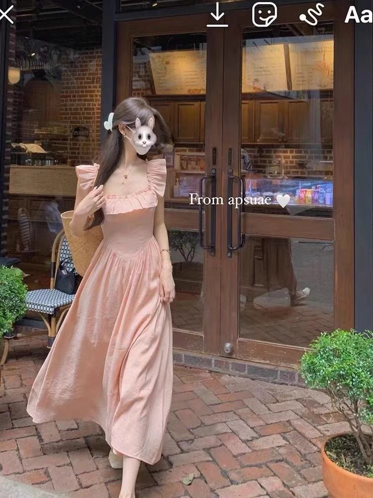 Square Neck Sleeveless Solid Ruffle A-Line Maxi Dress