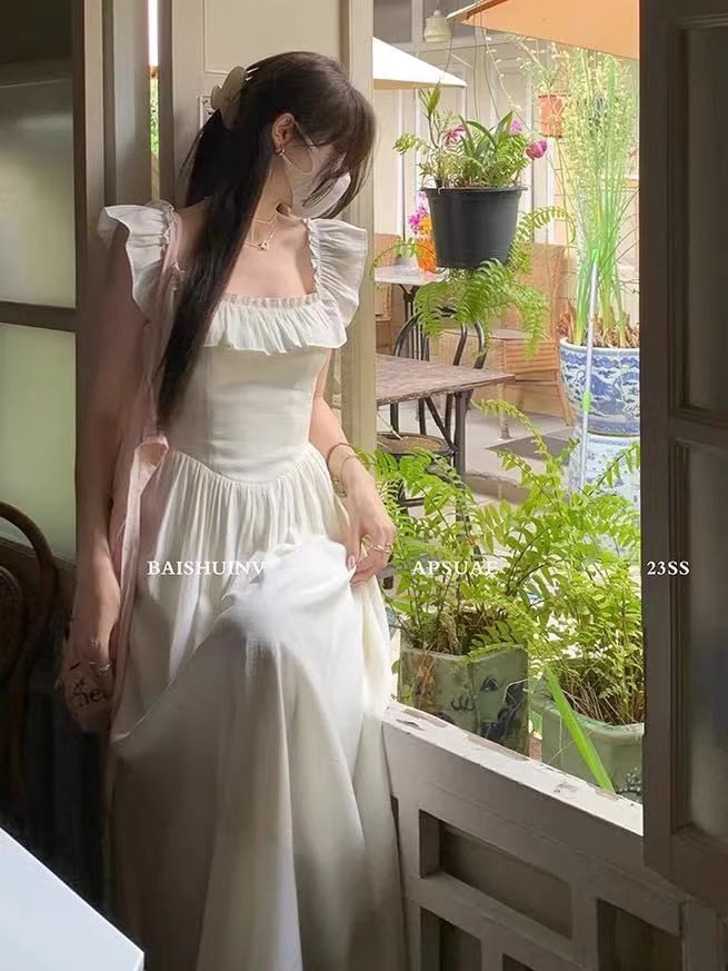 Square Neck Sleeveless Solid Ruffle A-Line Maxi Dress