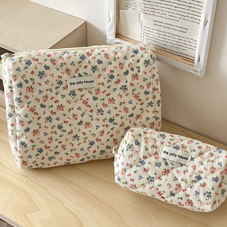 Floral Print Corduroy Pouch / Makeup Bag / Clutch