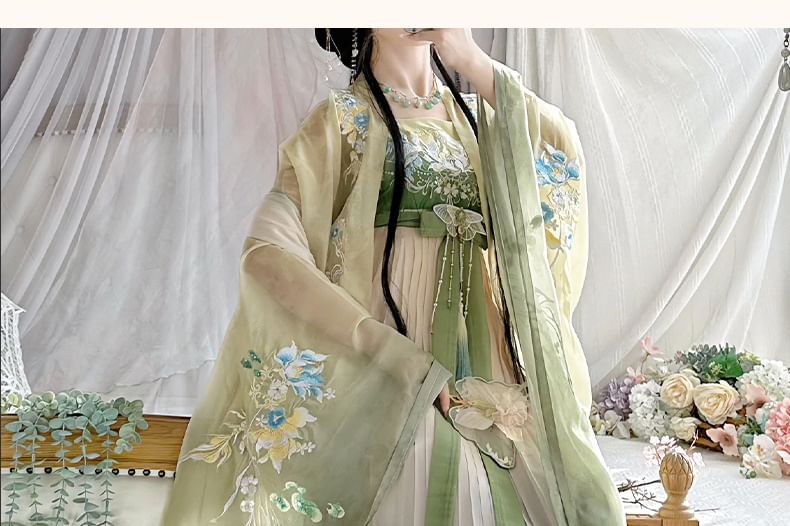 Floral Embroidered Hanfu Maxi Dress / Embroidered Light Jacket / Set