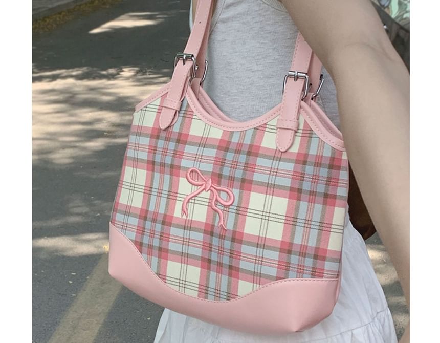 Bow Embroidered Plaid Panel Tote Bag