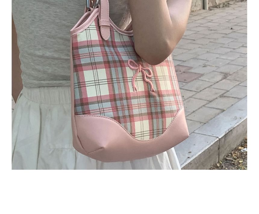 Bow Embroidered Plaid Panel Tote Bag