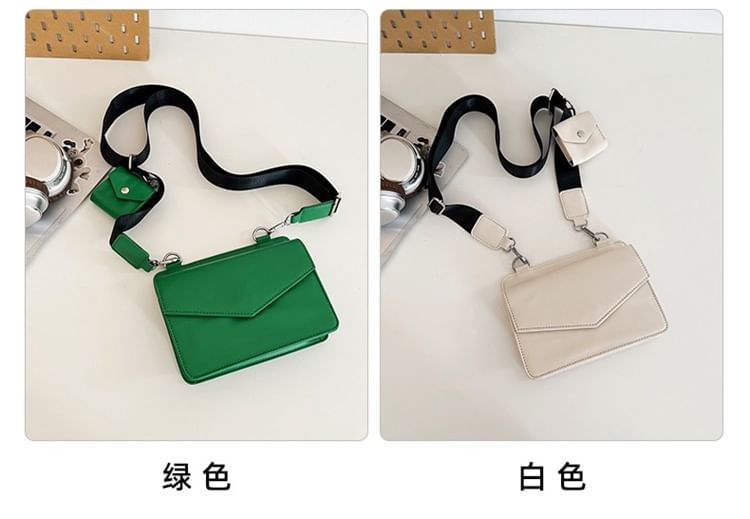 Set: Faux Leather Plain Flap Crossbody Bag + Coin Purse