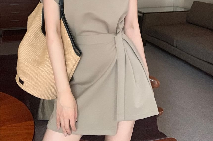 Short-Sleeve Crew A-Line Neck Dress Mini Embossed Piece Plain Mock Lettering Two